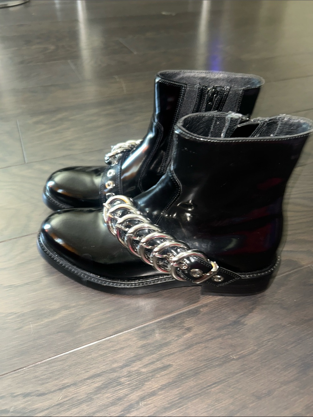 Jeffrey Campbell Black Patent Ankle Boots with Silver Chain Accent - Picture 3 of 5